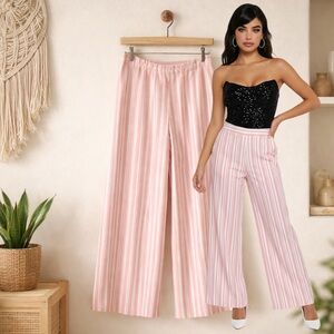 🛍️ NY & COMPANY Pink White Striped Stretch Wide Leg Coastal Pants Size LARGE